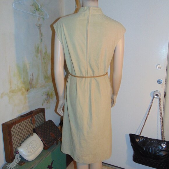 Bleeker Street 70s Vtg Dress Medium W/Tie Belt Beige High Neck Office Casual MCM - Picture 5 of 11